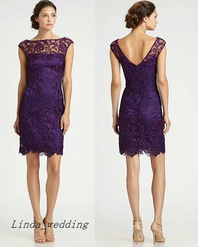 Free Shipping Purple Lace Bridesmaid Dress New Bateau Sheath Beach Maid of Honor Wedding Party Gown