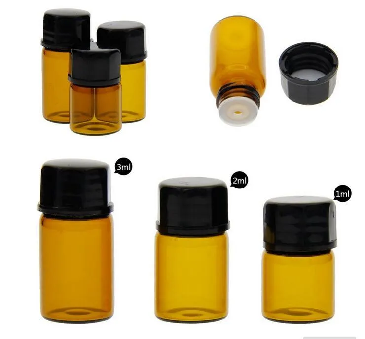 1 ml Puste Szkło Bursztynowe Butelki Butelki Butelki Fiolki z Cap Do Cosmetycznych Perfumy Essential Oil Butelki