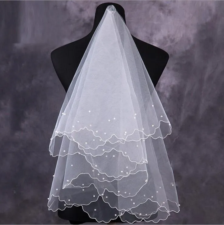 2019 Neue Brautschleier im koreanischen Stil Veu De Noiva Brautperlen Weiß Rot Elfenbein Bleistiftkante Auf Lager Günstig 1105