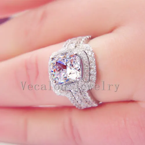 Vecalon nieuwe 3ct kussen gesneden gesimuleerde diamant CZ 3-in-1 bruiloft band ring set voor vrouwen 10kt wit goud gevulde verlovingsring