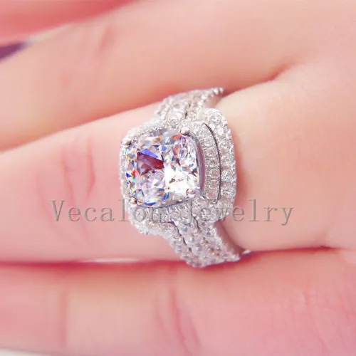 Vecalon New 3CT Cushion Cut Symulowany Diamond CZ 3-In-1 Pierścień ślubu Zestaw do kobiet 10KT biały złoty wypełniony pierścionek zaręczynowy