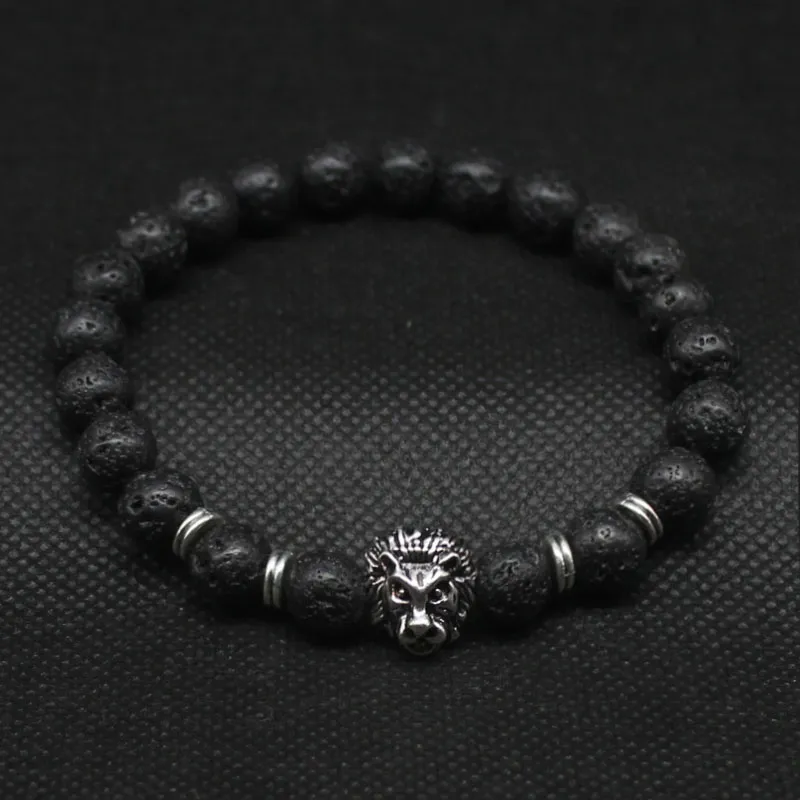 Venta al por mayor de pulseras con cuentas de cabeza de león, joyería, pulsera de piedra de Lava negra para hombres y mujeres