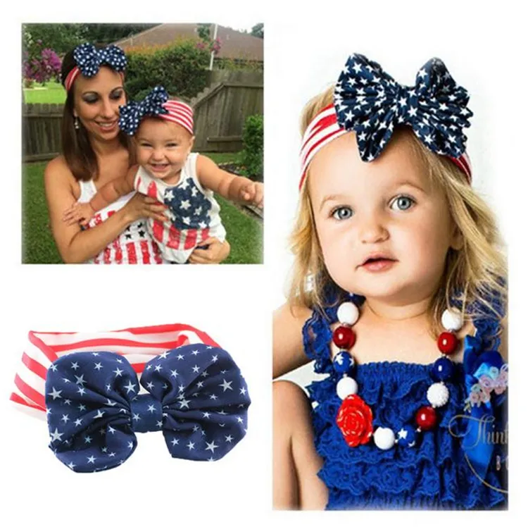 Baby Star Stripe National Flag Bowknot Headbands Girls Lovely Cute American Flag Hårband Headwrap Barn Elastiska Tillbehör 2782