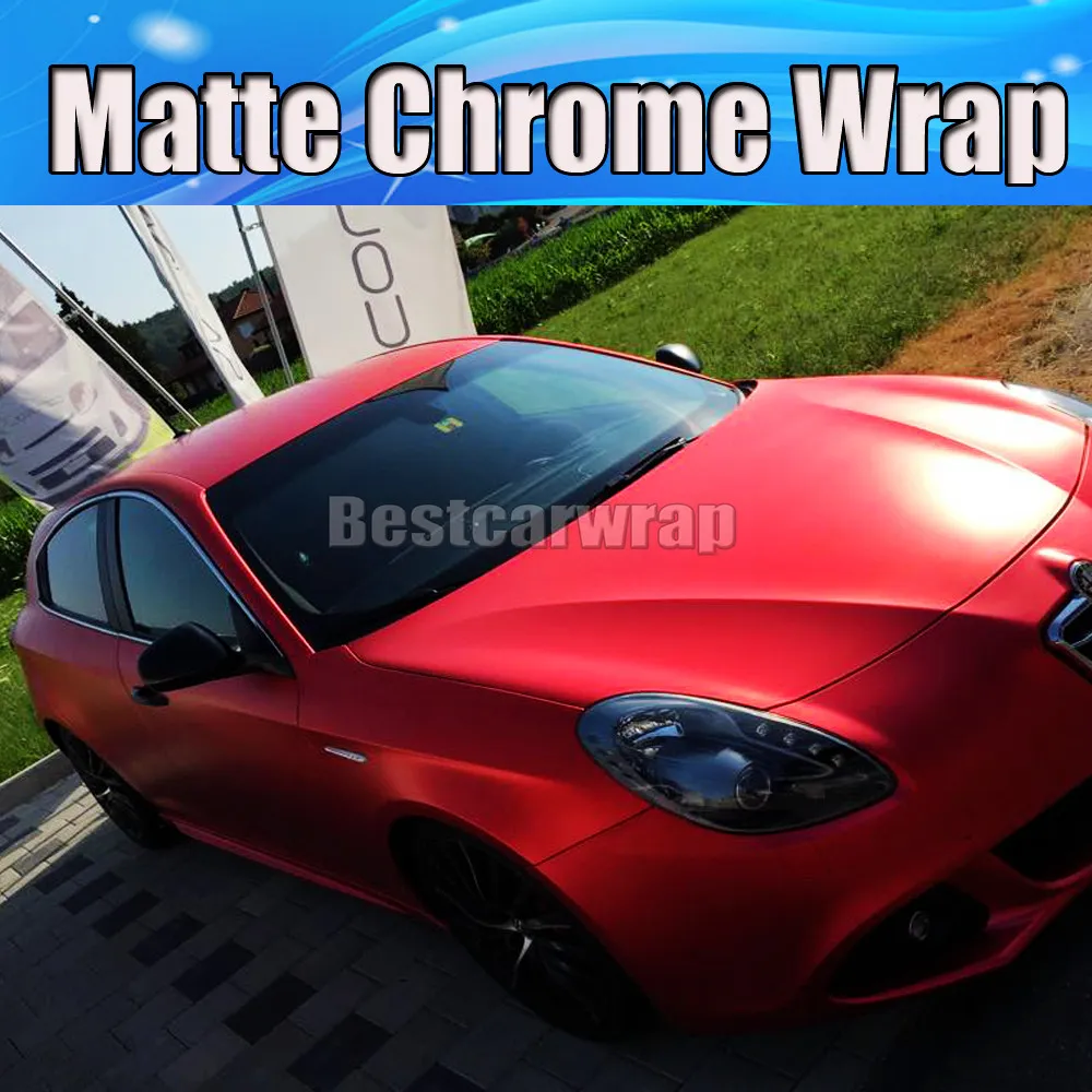 Red Matte Chrome Vinyl Auto Wikkelfilm met Air Bubble Gratis Chrome Satijn Rode Wrap Covers Coating Folie 1.52x20m / Roll 5X66FT