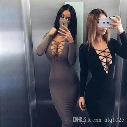 Estilo Europeu Sexy Mulheres Vestido Apertado Alças Cruzadas Vestido Decote V Manga Longa Vestido Bodycon Frete Grátis