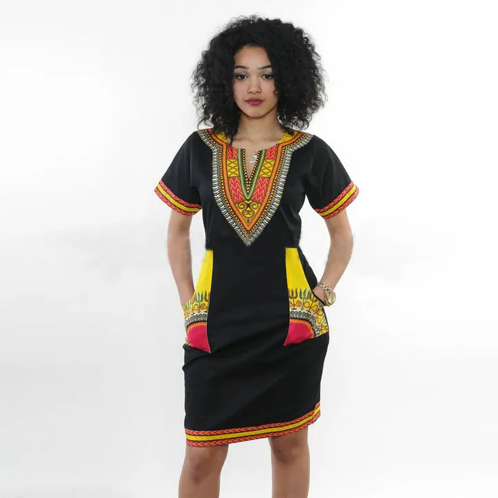 2017 Neues afrikanisches Modedesign-Kleid für Damen mit traditionellem Druck, Dashiki-Kleidung, nationale Schwarz-Weiß-Kurzarm-afrikanische Kleidung