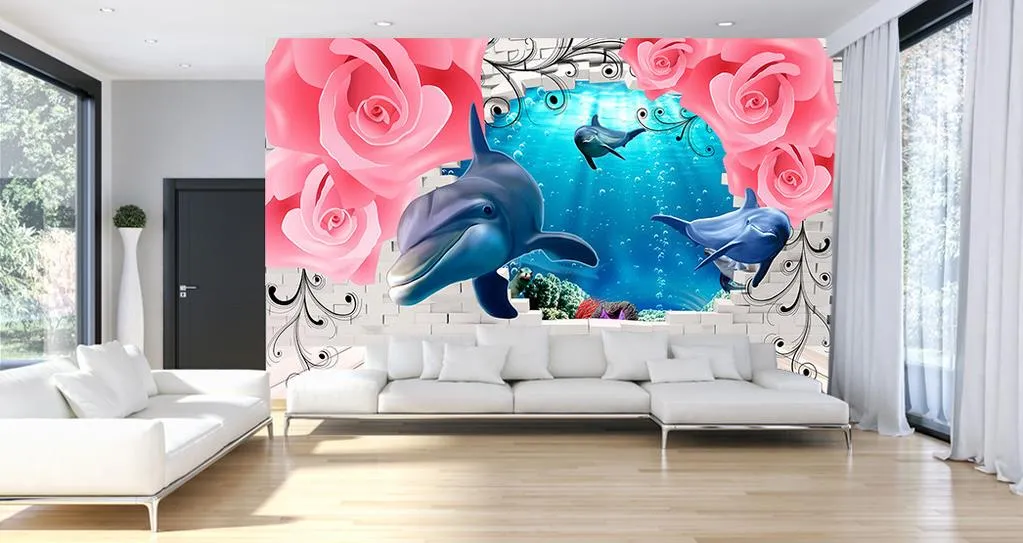 Europejskie Róże Delfiny Niestandardowe 3d Mural Tapeta 3D Salon TV Tło Bedroom Wall Papers Home Decor