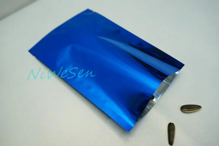 Sachet de thé plaqué aluminium bleu 7x10cm, emballage drapeau bag-X pochette simple de stockage des aliments en mylar aluminisé ouvert sur le dessus