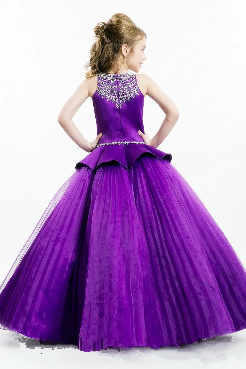 Purple Girl's Pageant Dresses Sheer Crew Neck Beaded Crystals Ruffles Waist Ball Gown Princess Kid's Formal Dresses For Little Girls 2016 Ho