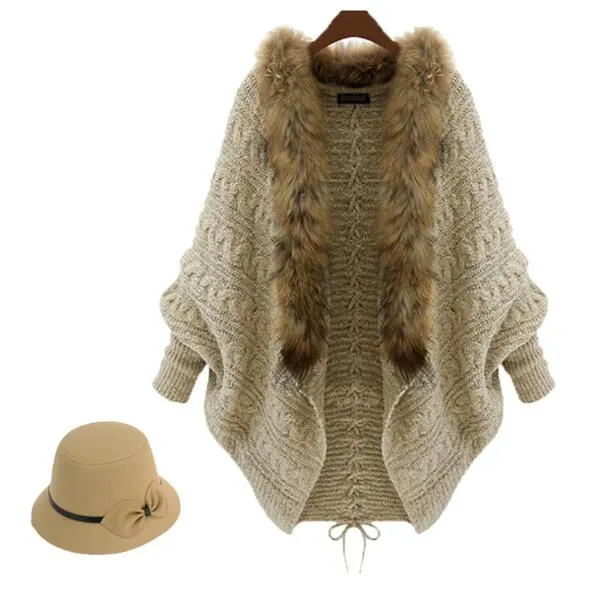 Moda Kobiety Swetry Winter Fur Collar Długie Płaszcz Dzianiny Cape Sweter Płaszcze Z Długim Rękawem Batwing Cardigan Outwear Damskie Odzież DHL za darmo