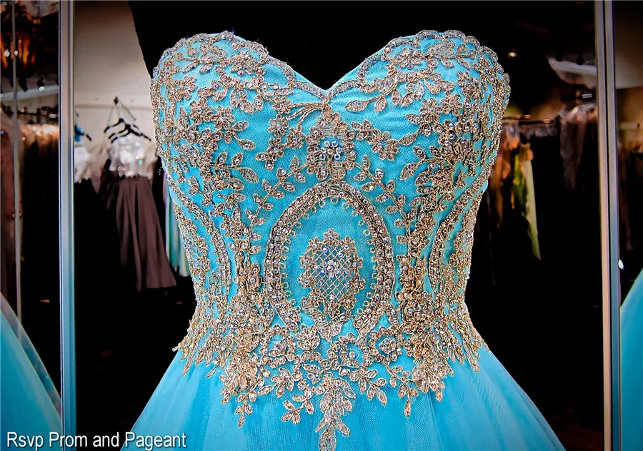 Turquoise Strapless Sweetheart Ball Gown Prom Dress Tulle Pageant Dress Gold Lace Applique Plus Size Evening Gown
