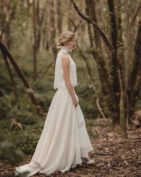 Vestidos de novia vintage románticos franceses Vestidos de novia de encaje con cuello alto Vestido de novia bohemio estilo campestre de gasa robe de mariage