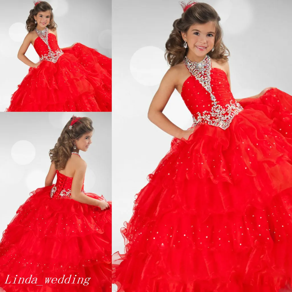 Red Girl's Pageant Klänning Prinsessan Ruffles Lace Up Closure Party Cupcake Prom Klänning för Kort Flicka Pretty Dress For Little Kid