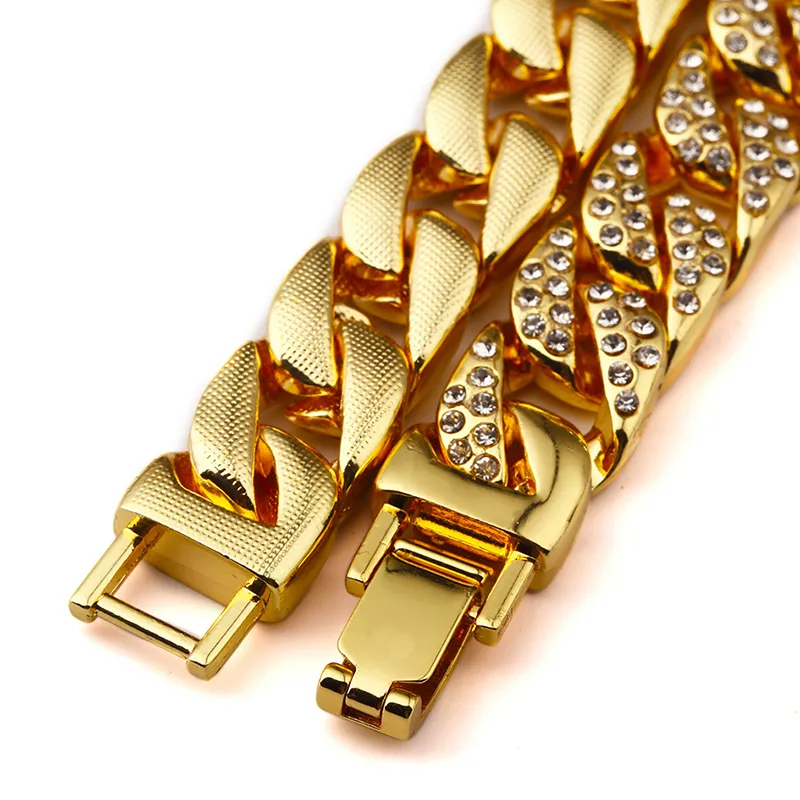 Heavy 24K Solid Gold Plated MIAMI CUBAN LINK Exaggerated Shiny Full Rhinestone Necklace Hip Hop Bling Jewelry Hipster Men Curb Cha305M