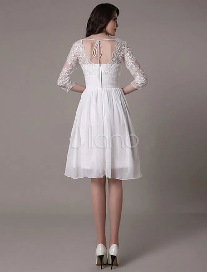 Robe de mariée empire au genou col en V Applique A-ligne en mousseline de soie robe de mariée plissée, plus la taille en mousseline de soie été plage maternité robes de mariée