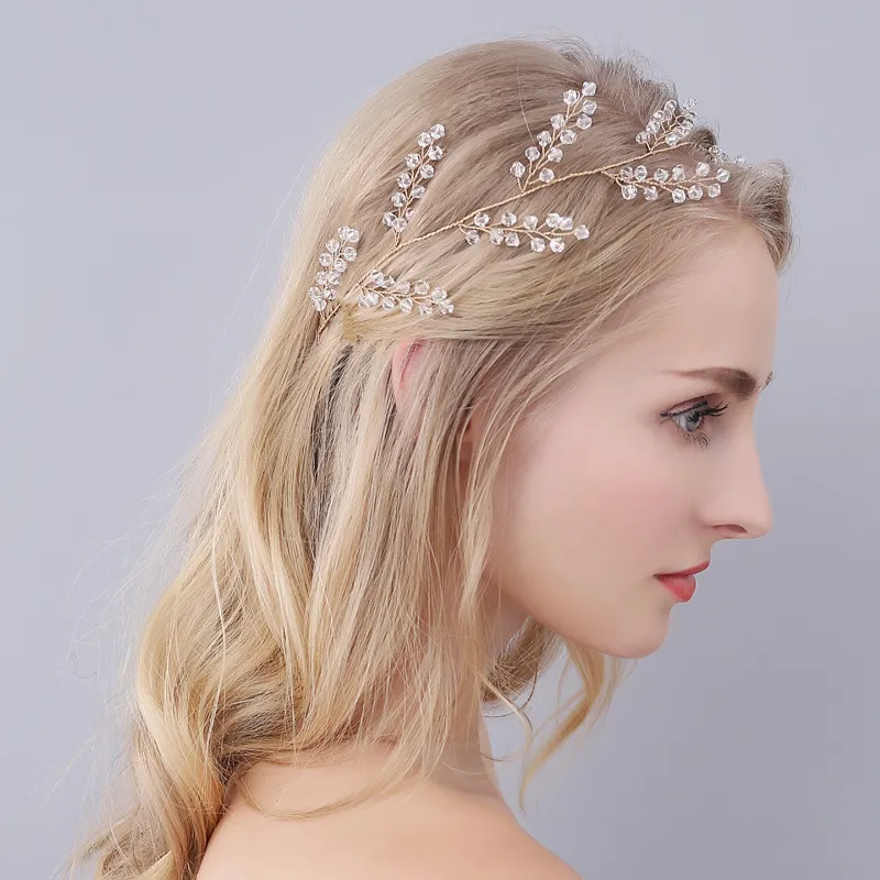 Gold Wedding Headband Hair Accessories Bridal Tiaras Headpieces For Hair Pearl Clear Beads Headband Crystal Jewelry Handmade High Quality