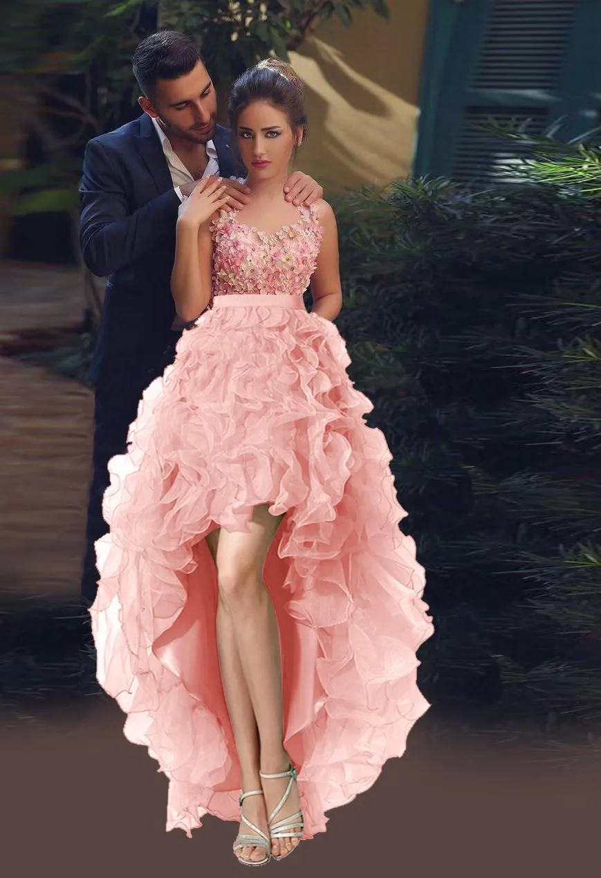3Dアップリケ高い低いウエディングドレス2017春Organza Rufhlesピンクのイブニングガウンは、Mhamad Floral Orgural Party homecomingドレス