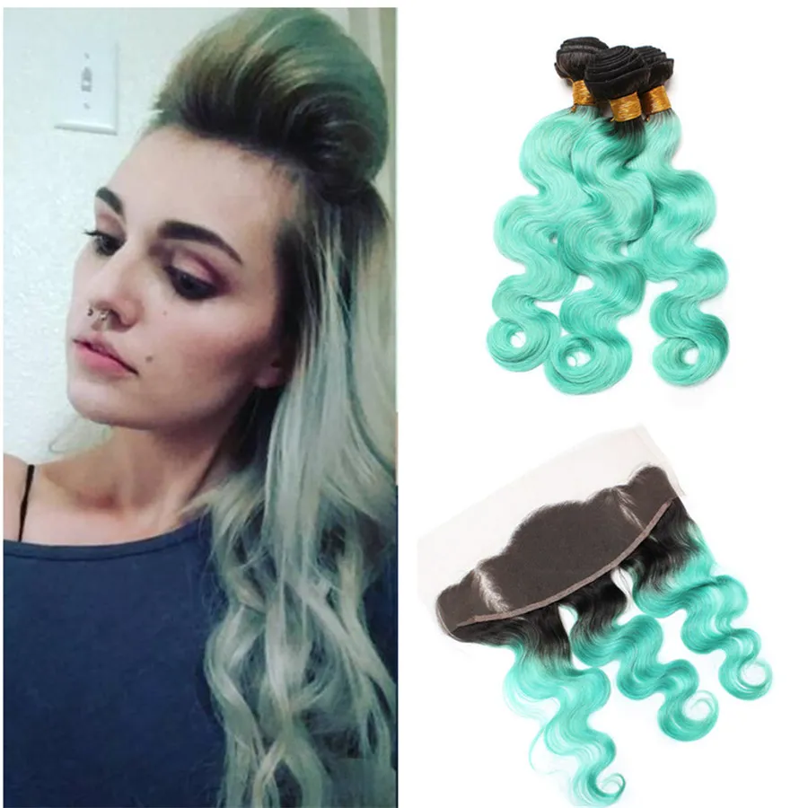 Green Ombre Human Hair Wiązki z koronki czołowej Dwa Tone Czarny do Zielonych Ombre Dark Korzenie Wiązki Włosów z 13 * 4 Koronki Zamknięcie Frontal