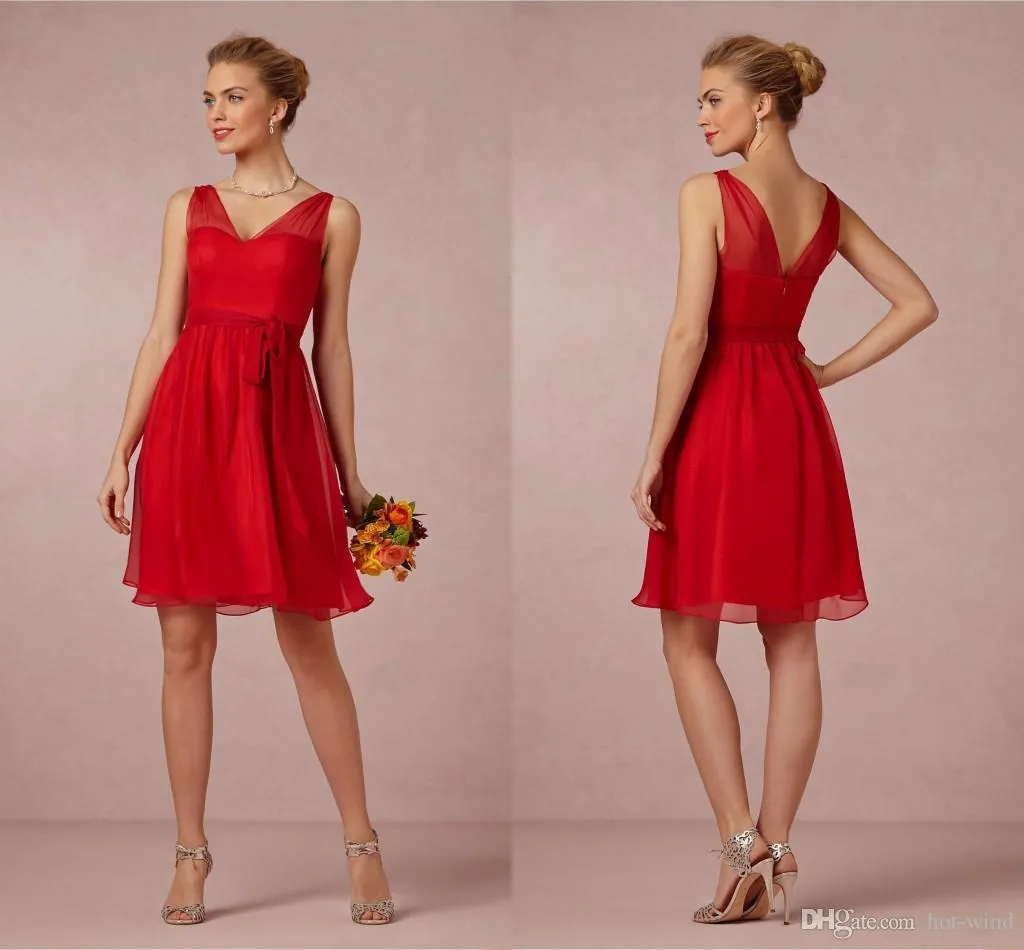 Cheap Short Red A Line Bridesmaid Dresses V Neck Chiffon Mini Cocktail Party Dresses Flowy Low Back Wedding Party Gowns For Gilrs