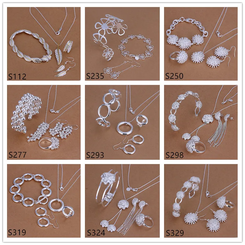 Groothandel vrouwen sterling zilveren sieraden sets 6 sets veel gemengde stijl EMS39, mode 925 zilveren ketting armband oorbel ring sieraden set