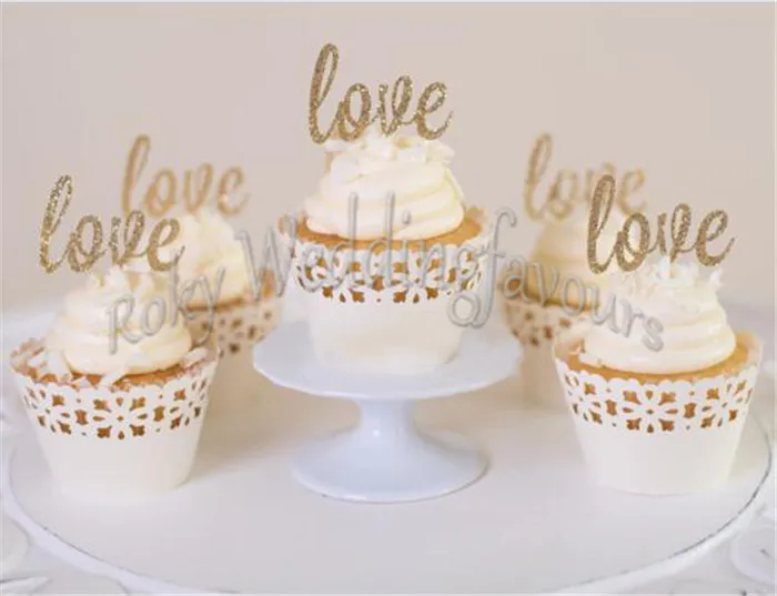 Gratis Verzending 24 stks Gouden Liefde Glitter Cupcake Picks Topper Party Evenement Geschenken Mini Cake Picks Sweet Table Decoratie Tandenstokers Benodigdheden