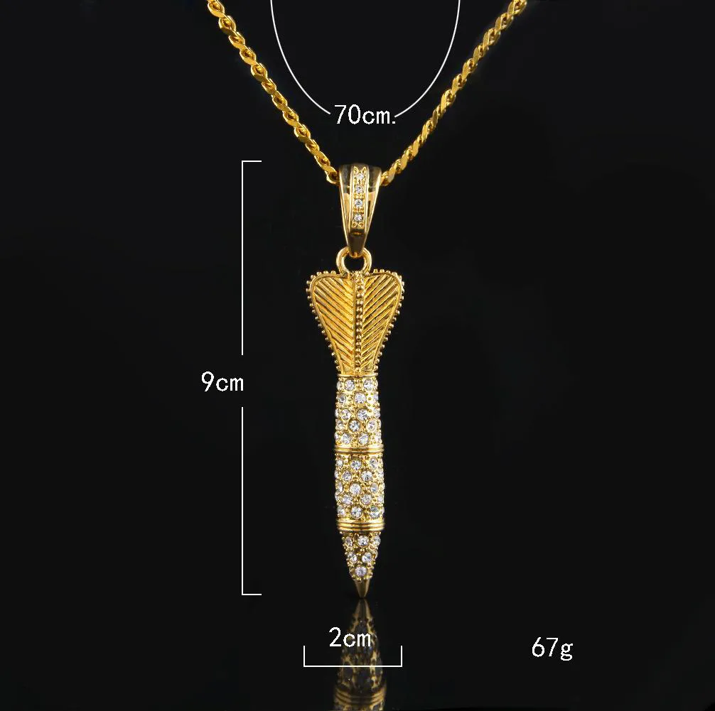 Bling Bling Gold Color Rhinestone Iced Out Military Rocket Arrow Dart Hanger Ketting Hip Hop Stijl Rapper Sieraden