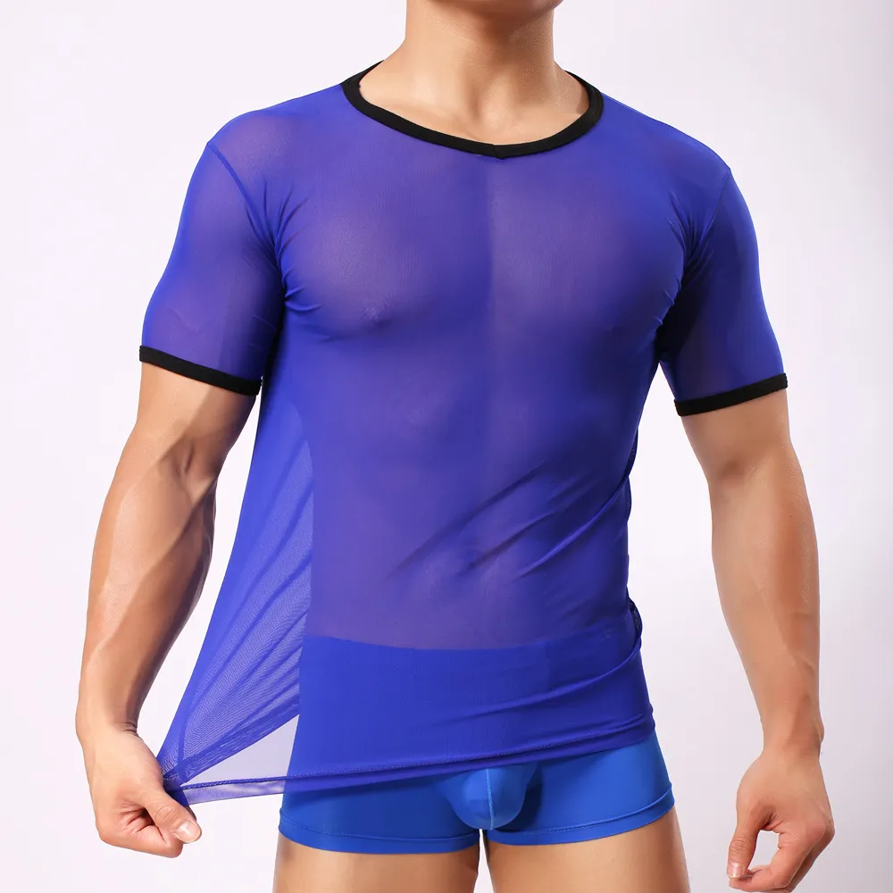 송료 무료 남성 Tight Sexy Net 통기성 투명한 반팔 T 셔츠 남성 스포츠 O 넥 슬림 T 셔츠 탑스