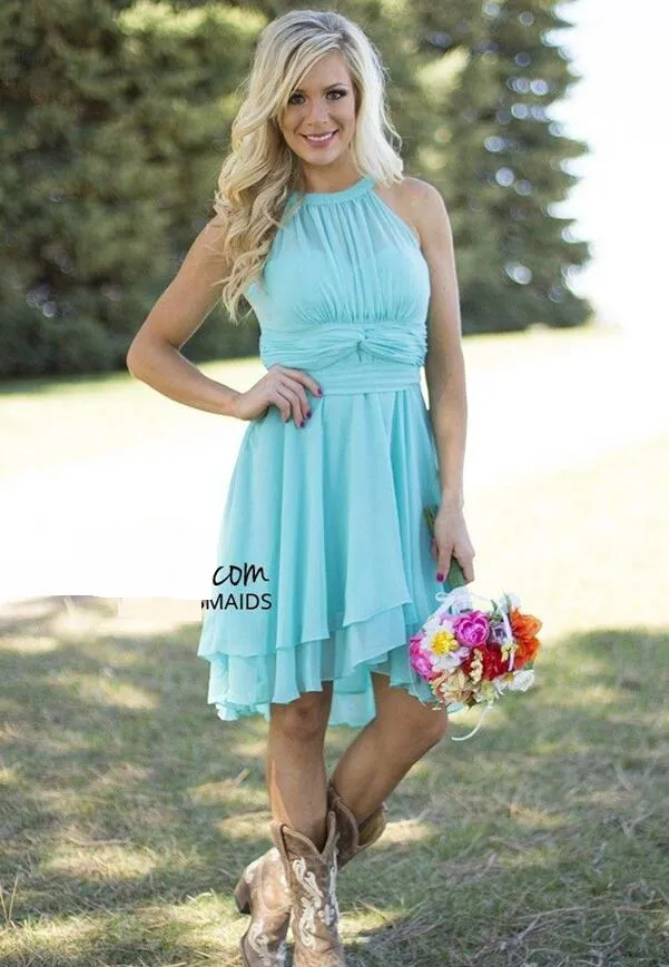 Custom Colored Cocktail Dresses Country Westen Ruched Chiffon Short Bridesmaid Dresses Knee Length maid of honor dresses Match Cowboy Boots