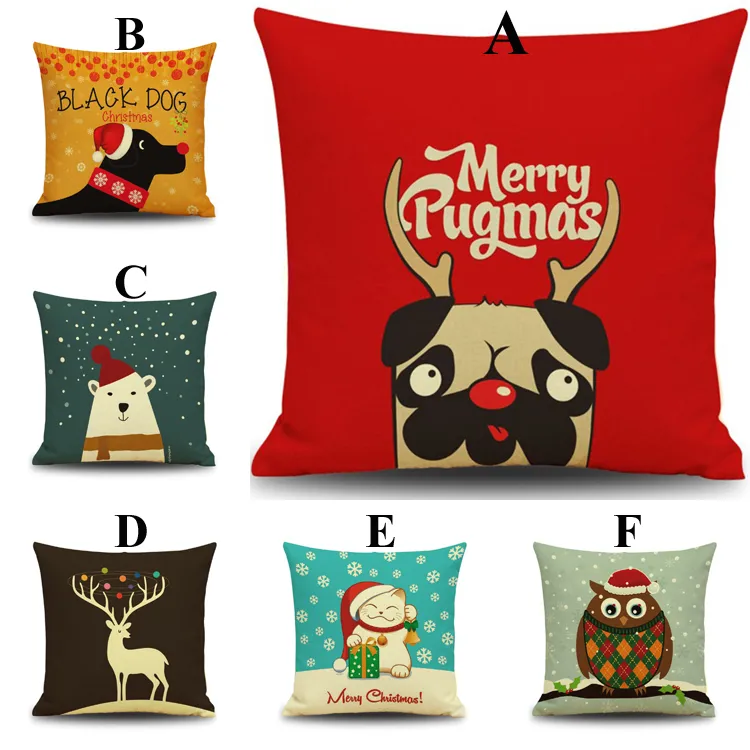 christmas year gift cushion cover cute puppy pillow cover christmas pug dog cat owl reindeer pillow case home decor pillowcases