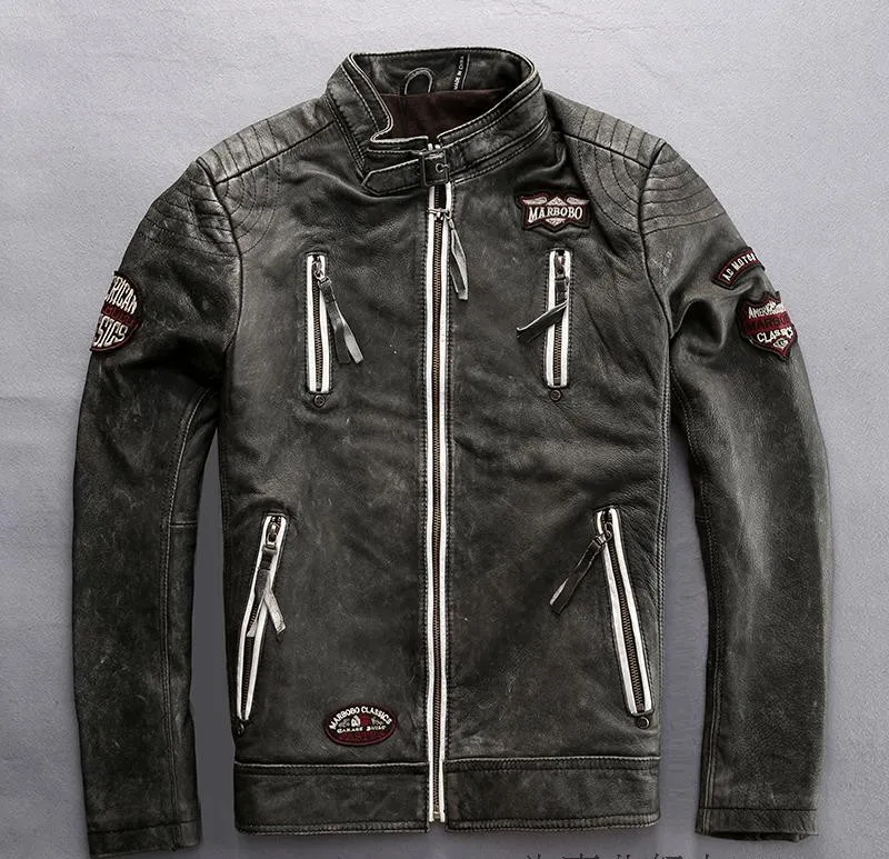 Indian head embroidery Marbobo classic genuine leather jackets stand collar motorcycle jackets