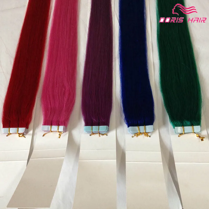 wholesale human hair tape in hair extensions Color indian remy Hair Products pink red blue purple 