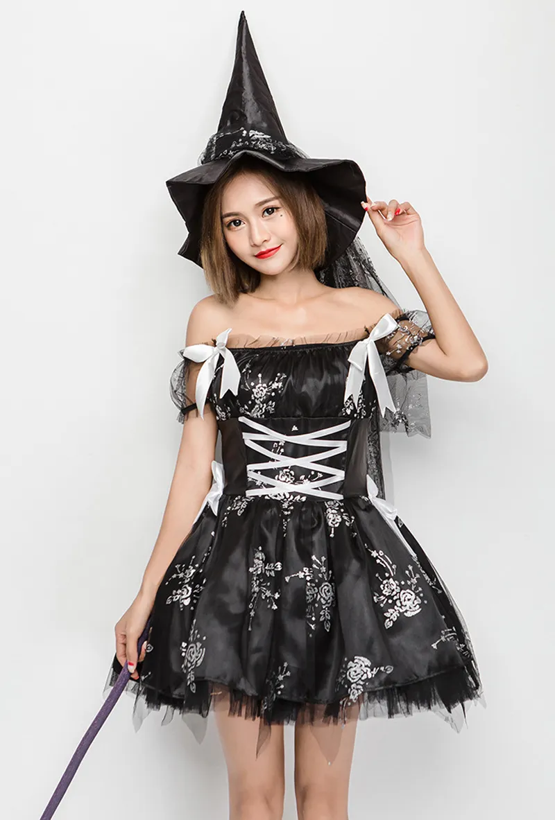 Black Beautiful Elf Mini Dress Women Halloween Party Costume Off Shoulder Sexy Tutu Dress Naughty Witch Cosplay Dress