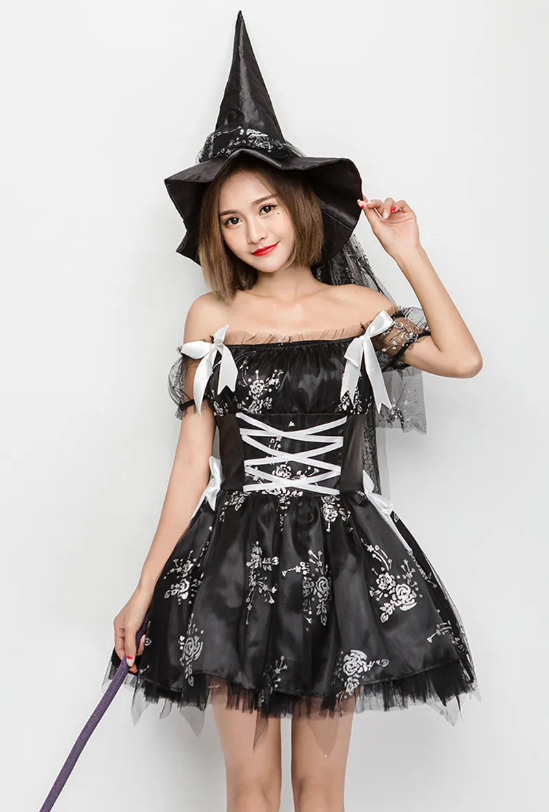 Noir belle elfe Mini robe femmes Halloween Costume de fête hors épaule Sexy Tutu robe coquine sorcière Cosplay robe