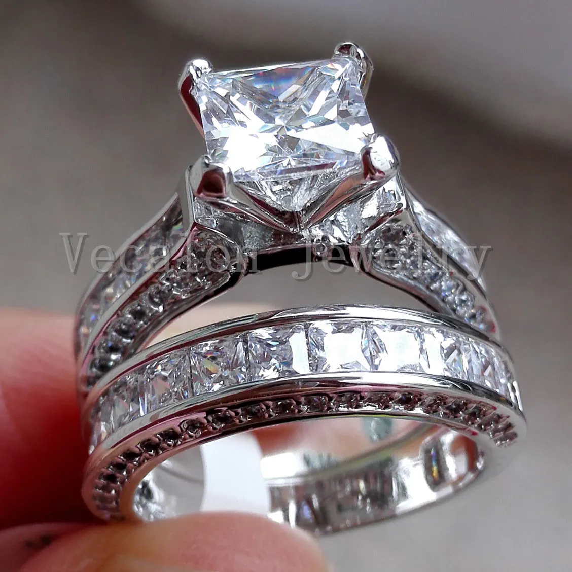 Vecalon Modesmycken 7mm Cz diamant Förlovningsring för vigselring för kvinnor 14kt vitguldfylld festring