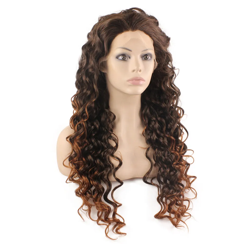 Long Curly Auburn Tip Brown Two Tone Ombre Lace Front Wig