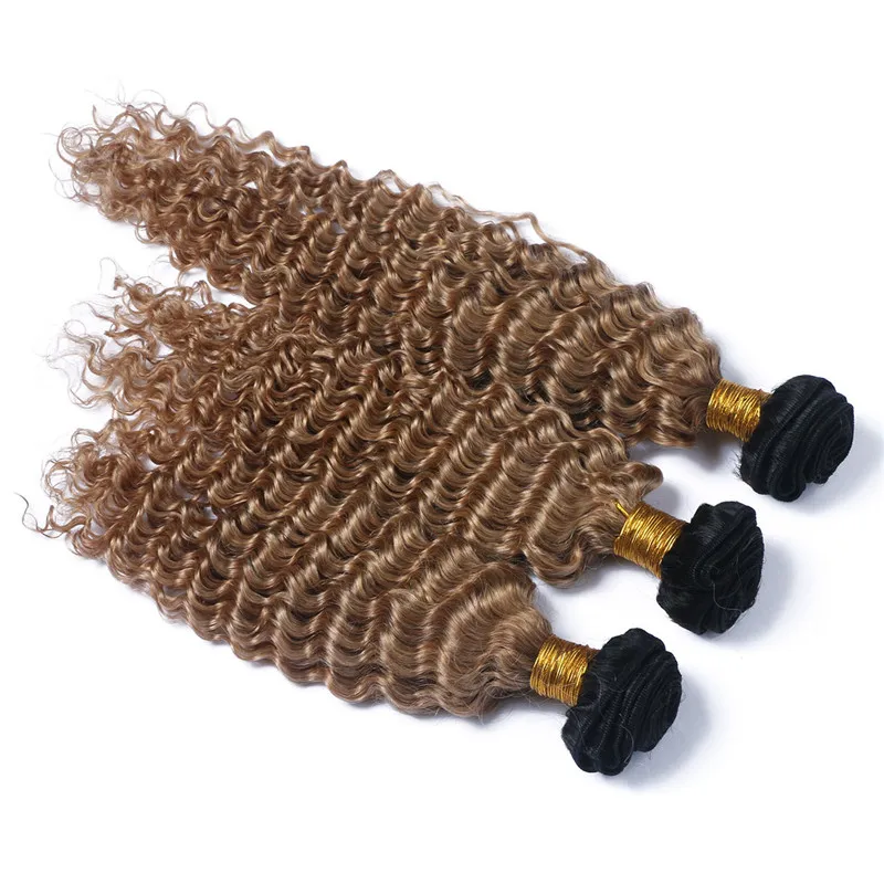 Deep Wave Honey Blonde Ombre Bundles de cheveux humains brésiliens Two Tone 1B / 27 Brun clair Ombre Virgin Remy Extensions de trames de cheveux humains