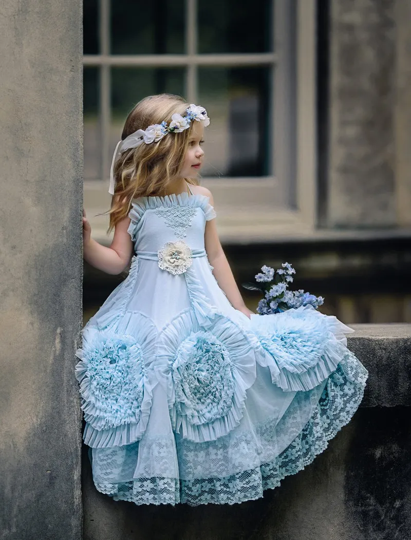 2019 Dollcake Flower Girl Sukienki na Wesela Potargane Dzieci Pagewne Suknie Kwiaty Długość Piętro Koronki Party Communion Dress