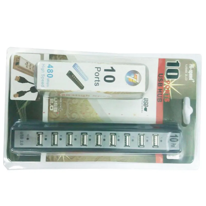 10 portar USB Hub 480Mbps High Speed ​​USB 2.0-nav med nätadapter Datorutrustning till PC Laptop Notebook