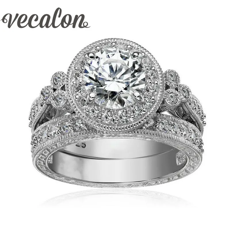 Vecalon antika smycken blomma kvinnor ring rund klippa 2ct simulerad diamant cz 925 sterling silver kvinnlig bröllop band ring set