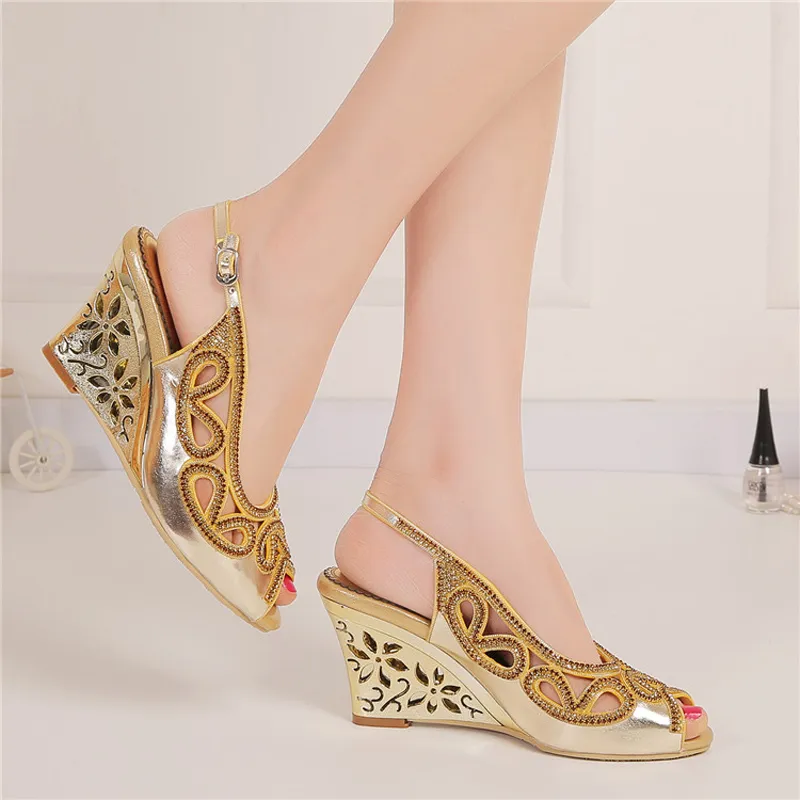 3 Inches Wedge Heel Summer Sandals Peep Toe Rhinestone Wedding Bridal Shoes Gold Crystal Slingback High Heel Party Prom Shoes