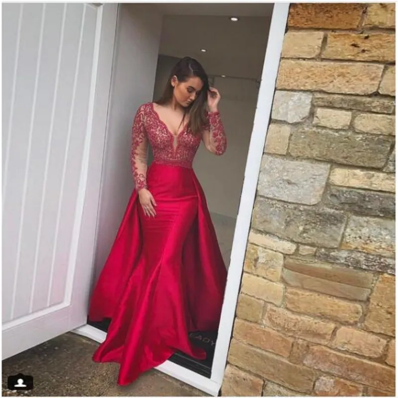 Red Long Sleeves Prom Dress With Over-Skirts Lace Applique Deep V-Neck Mermaid Formal Wear Evening Dresses Satin Sweep Train Party Gown