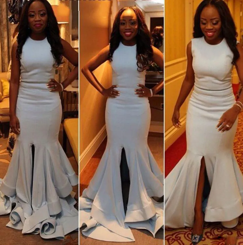 Split Ivory Satin Taffeta Nigeria African American Prom Dress Cheap O Neck Mermaid Split Long Arabic Evening Gowns