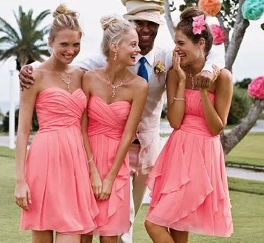 Beach Short Coral Bridesmaid Dresses Wedding Party Dress Knee Length Country Western short country bridesmaid dresses Ruched Chiffon