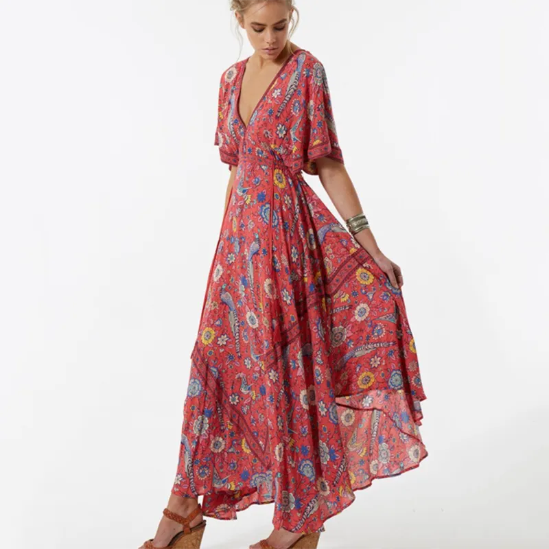 Großhandel- 2017 Vestido Langes Blumenkleid Retro Bohemian Maxi Kleid sexy ethnische tiefe V-Ausschnitt Floral Print Beach Kleider Boho Hippie Robe