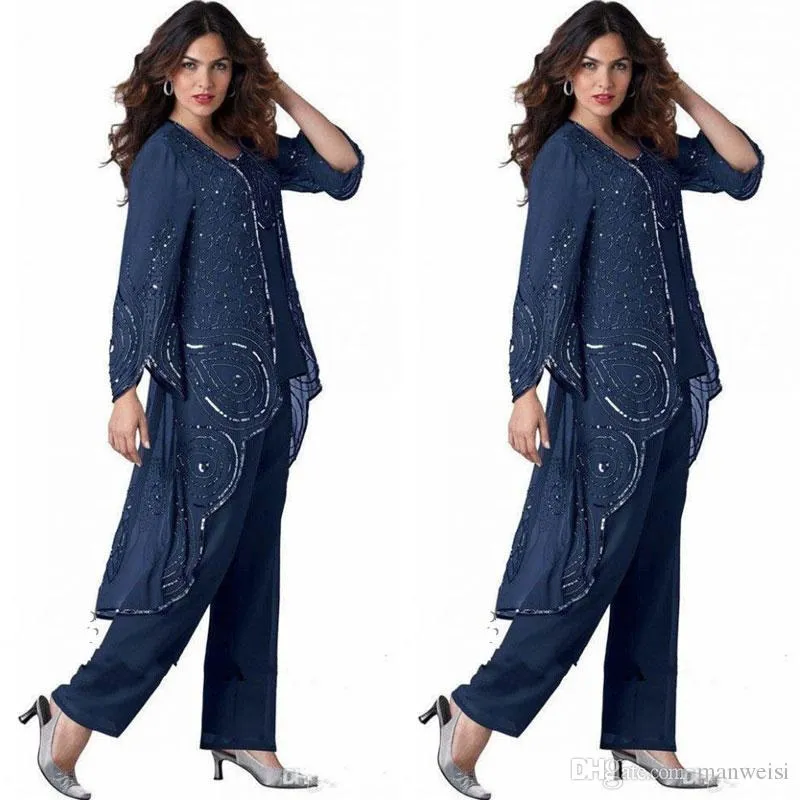 Mãe azul marinho da noiva calça ternos para casamentos frisados ​​plus size noivo vestido com jaqueta de ocasião especial mães roupas de roupa