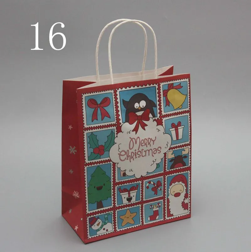 2023 16 Styles Christmas Kraft Paper Bags Tamanho Pequeno com Handles Sacos de embalagem de presente Festival de Natal