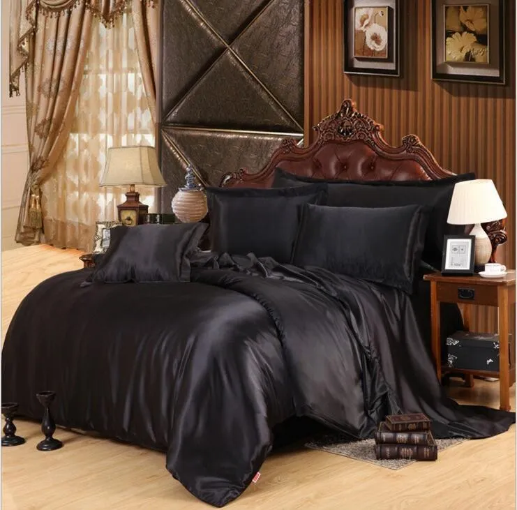 DropShip Pink Black Solid Home Hotel Satin Silk Bedding Set /Duvet