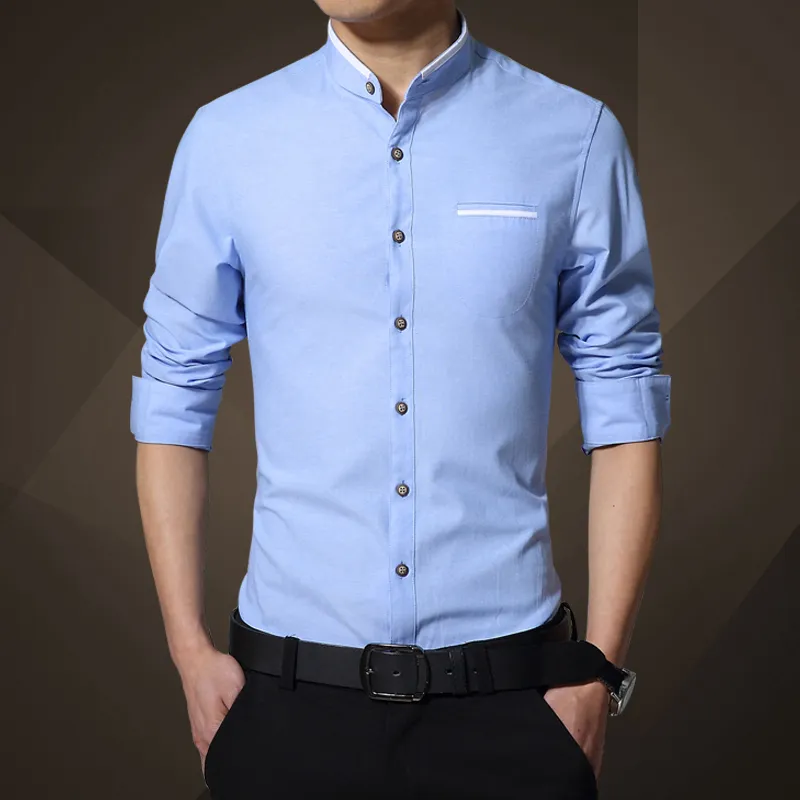Toptan-Mens Katı Renk Gömlek 2017 Bahar Iş Rahat Uzun Kollu Gömlek Erkek Ince Moda Standı Yaka Gömlek Marka Giysileri 4XL 5XL