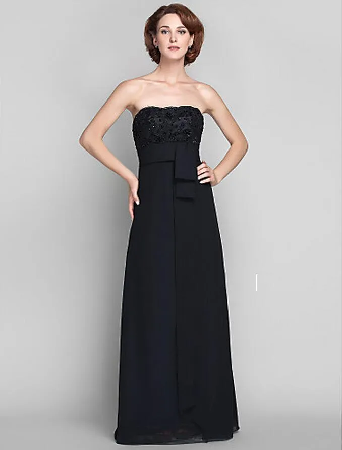 Schwarzes Mama-Kleid mit Umhang, kurze Ärmel, bodenlanger Chiffon mit Applikationen, Perlen, säulenförmiges, trägerloses Kleid für die Brautmutter