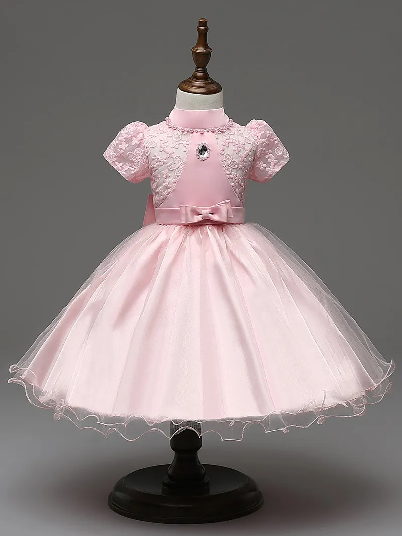 高品質の花の女の子のドレス2016夏の赤ちゃんの女の子パールチュールパーティープリンセスドレスガウン正式なウェディングドレス誕生日